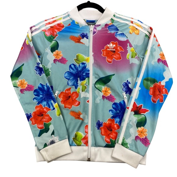 Adidas Floral Track Jacket Kids Size 11-12Y Multicolor Zip Up Coat - Picture 1 of 8